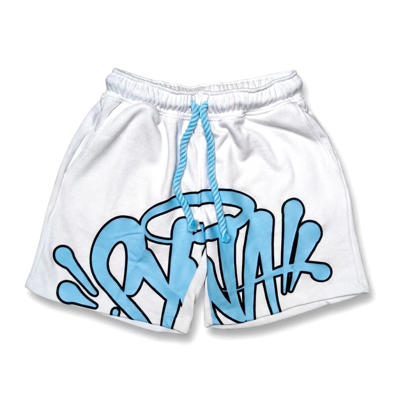 SynaWorld graffiti-style white shorts