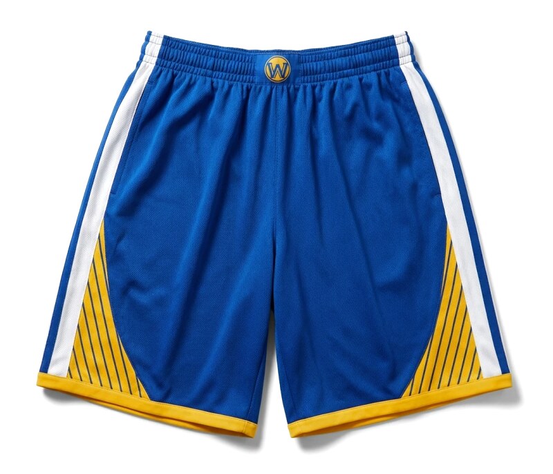 The blue, white and yellow shorts of the Golden State Warriors for Curry.
