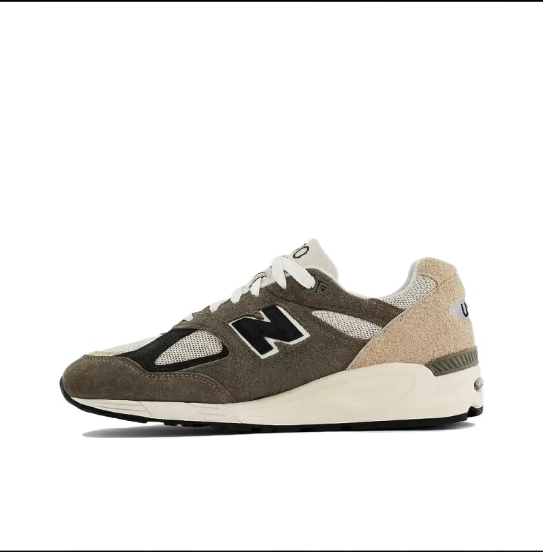 The New Balance 990 series retro-style gray-brown shoes.