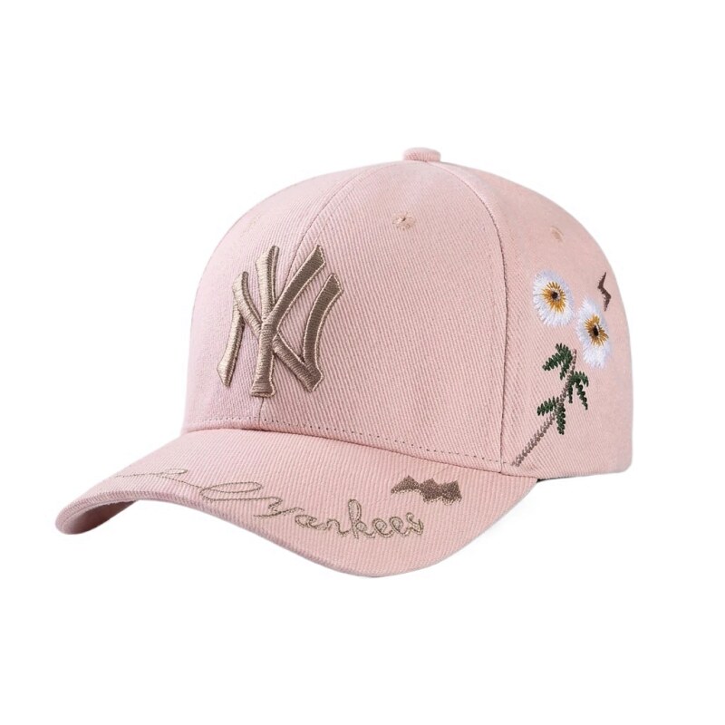 The pink cap with small daisies of the MLB Yankees team.