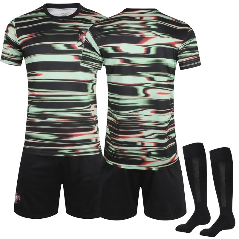 The trendy black and green style of the Portuguese team uniform.
