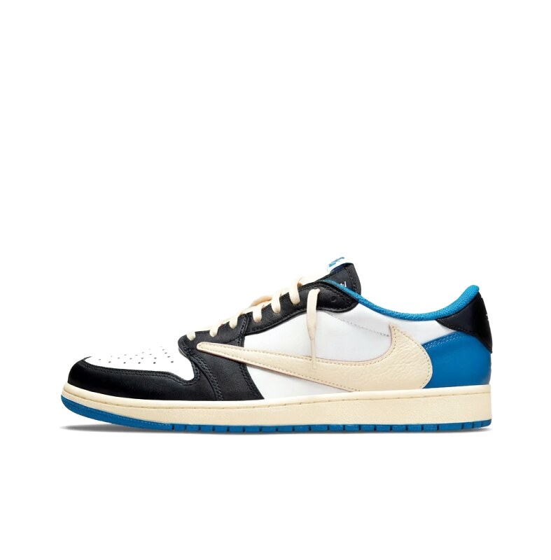 Trendy black, white and blue Air Jordan 1 sneakers.