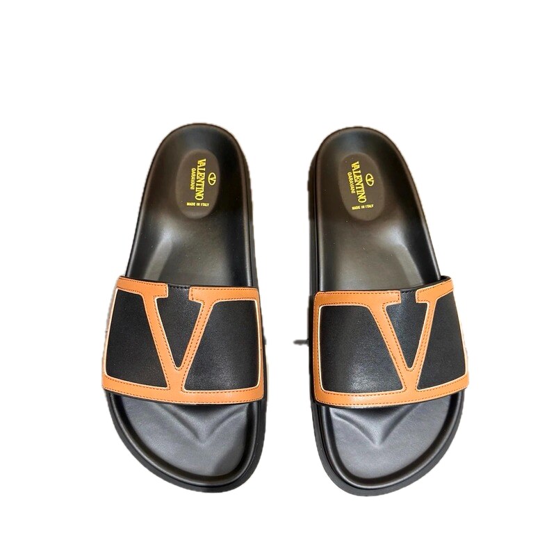 Valentino V-logo Casual Black and Brown Slide Sandals