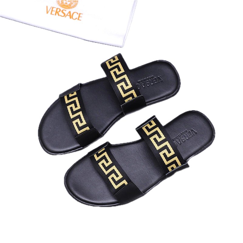 Versace Greek Key Light Luxury Black & Gold Slide Slippers