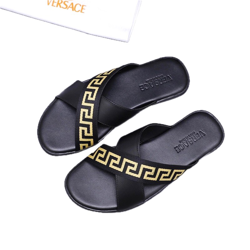 Versace Greek Key Luxury Style Black and Gold Slide Sandals