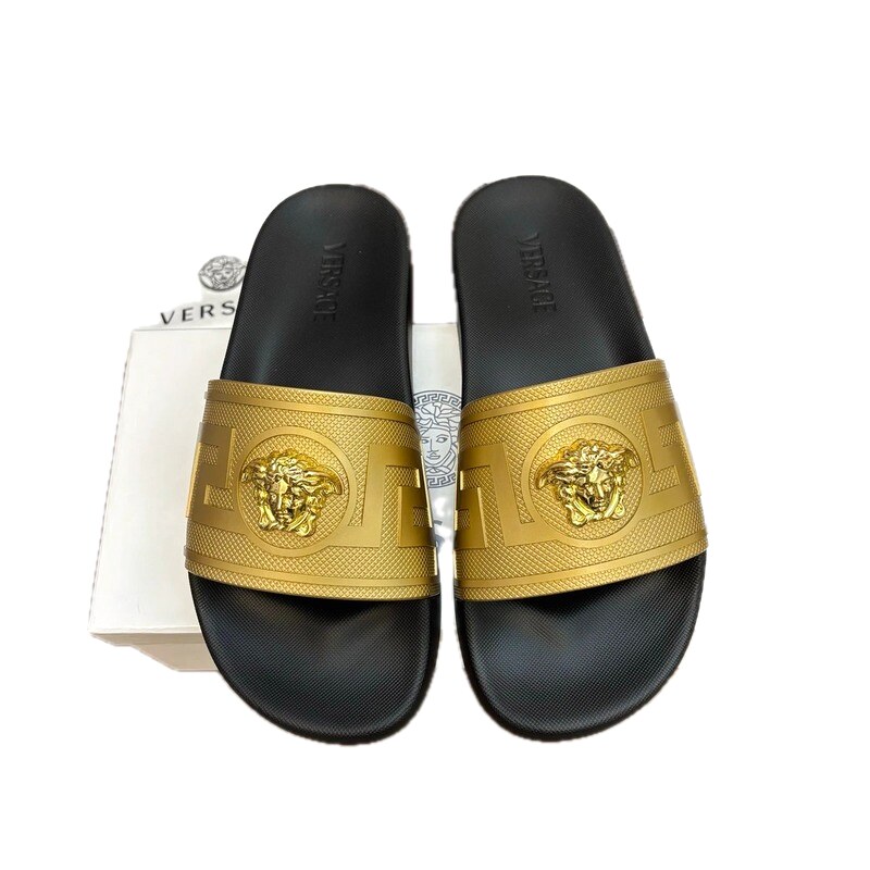 Versace Medusa Luxury Style Black & Gold Slide Sandals