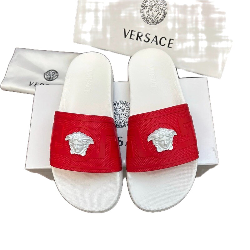 Versace Medusa Trendy Luxury Style Red and White Slide Sandals