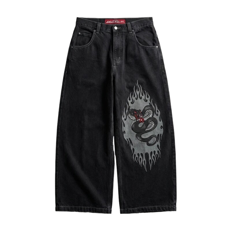 Y2K Flame Snake Print Black Jeans
