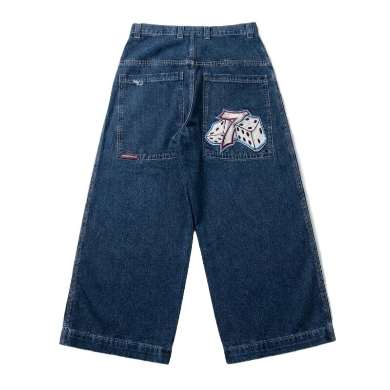 Y2K-style dark blue denim wide-leg pants